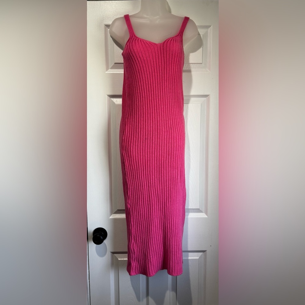 PrettyLittleThing Pink Ribbed Knit Midi Dress with Side Slit (Size 10)